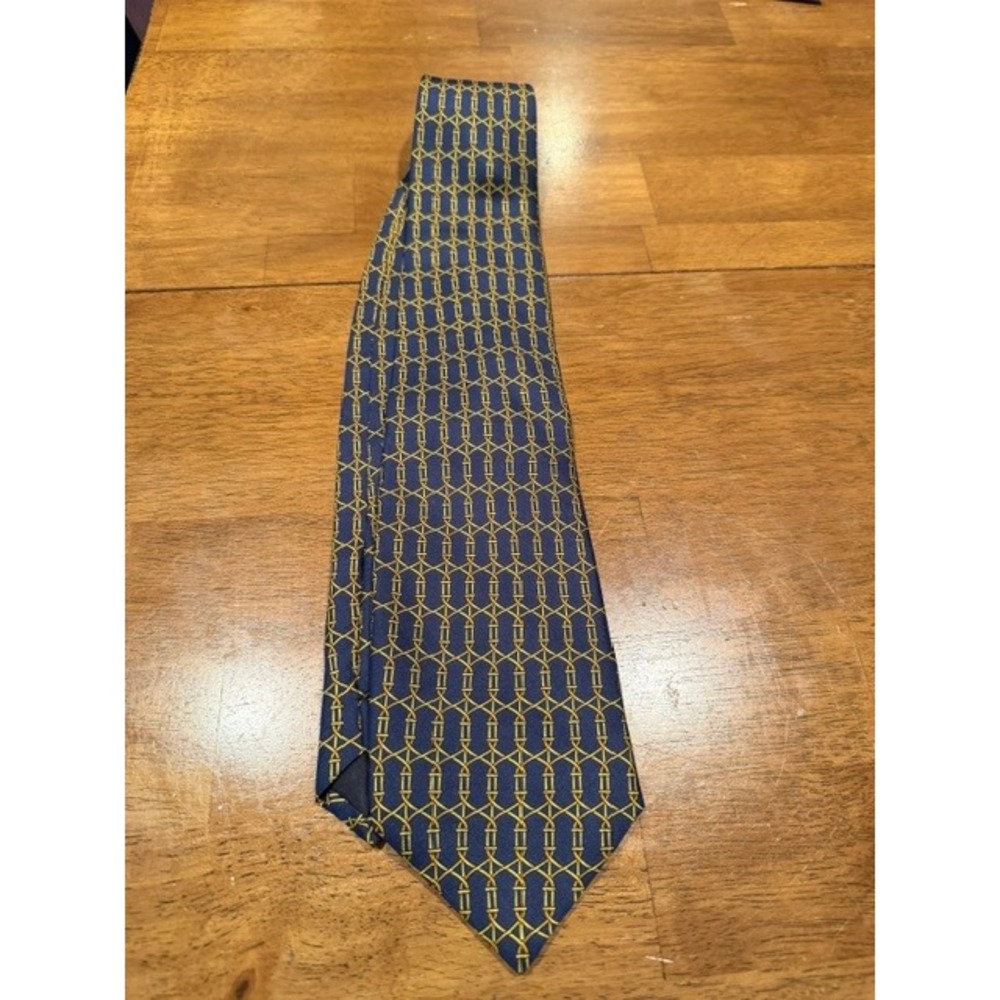 Vtg 80s Creazioni Firenze Italy Silk Tie Navy Blue Gold Geometric Link Pattern